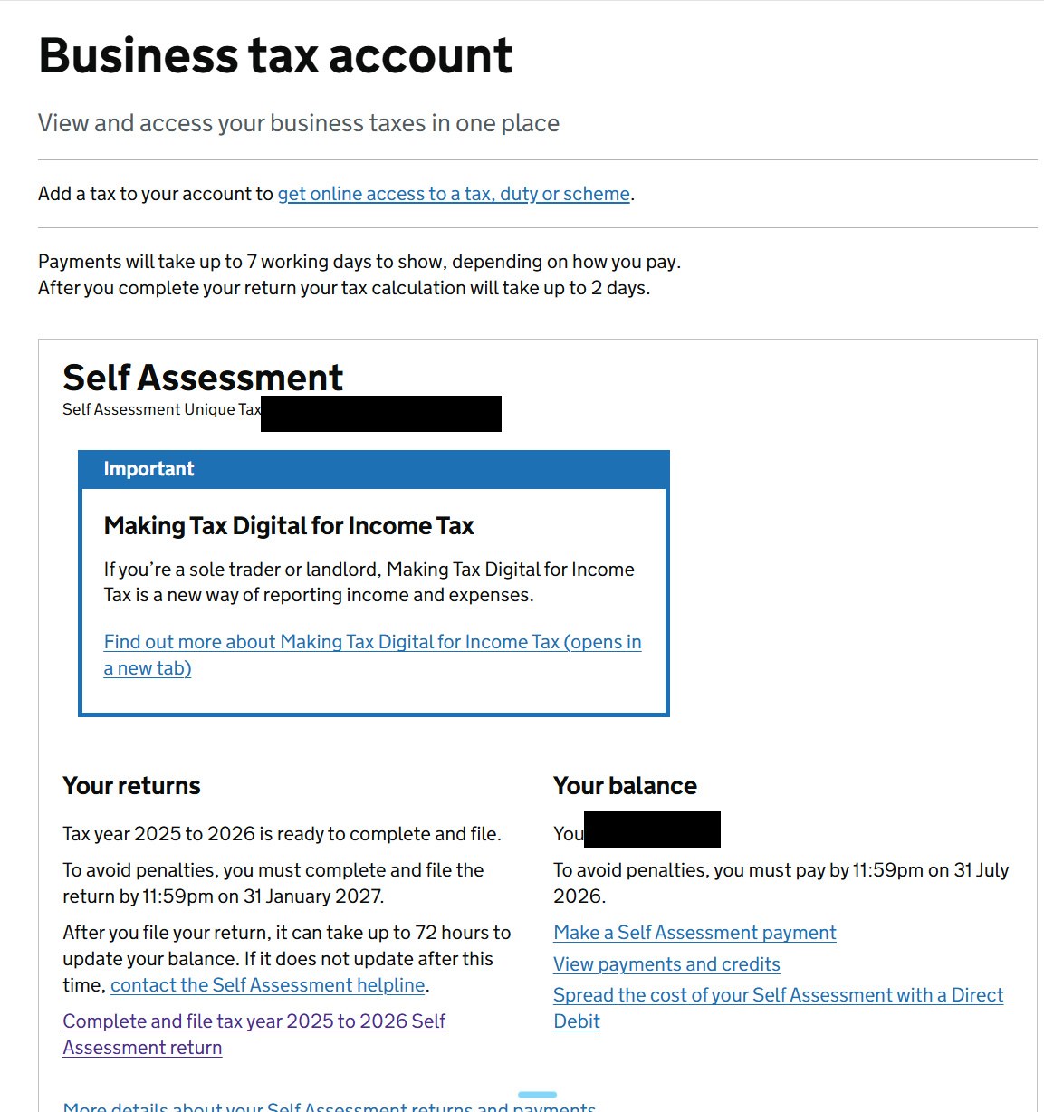 Business tax account showing the Self Assessment section
