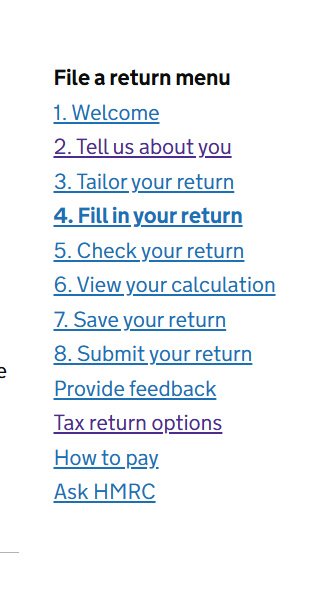 Menu showing Tax return options