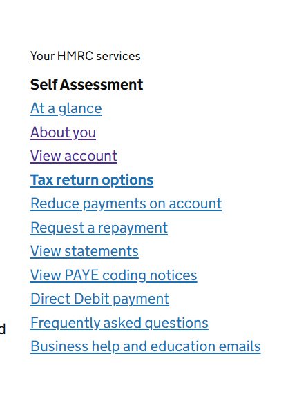 Self Assessment menu showing View account and Tax return options