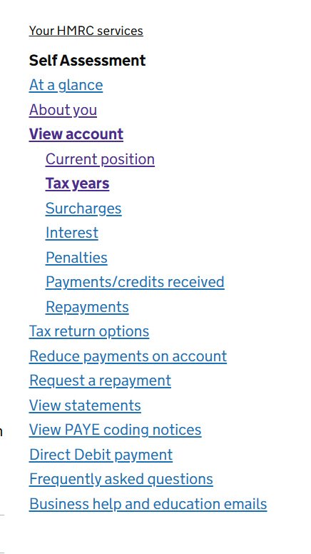 View account expanded showing the Tax years sub-menu