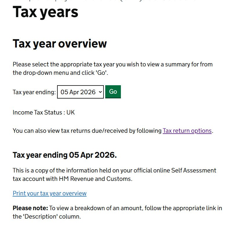 Tax year overview page with the year drop-down and Go button