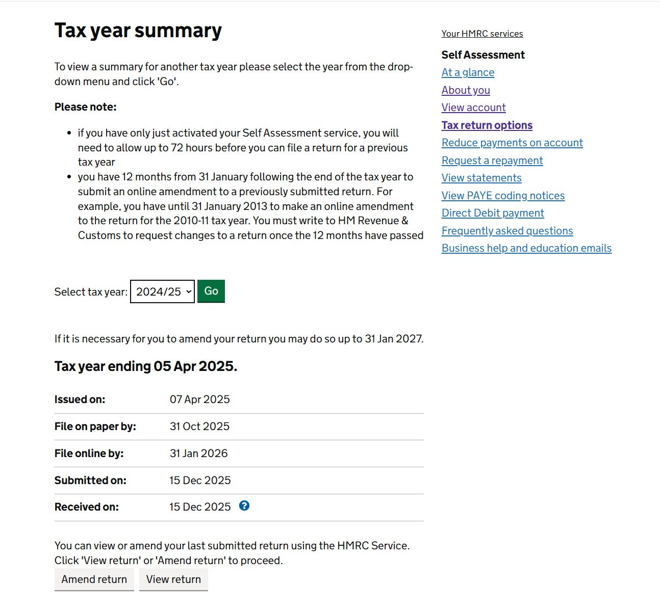 Tax year summary with year selector, Go, and View return button