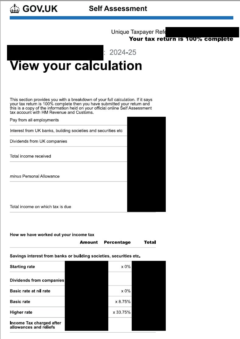 Example HMRC tax calculation with personal details redacted